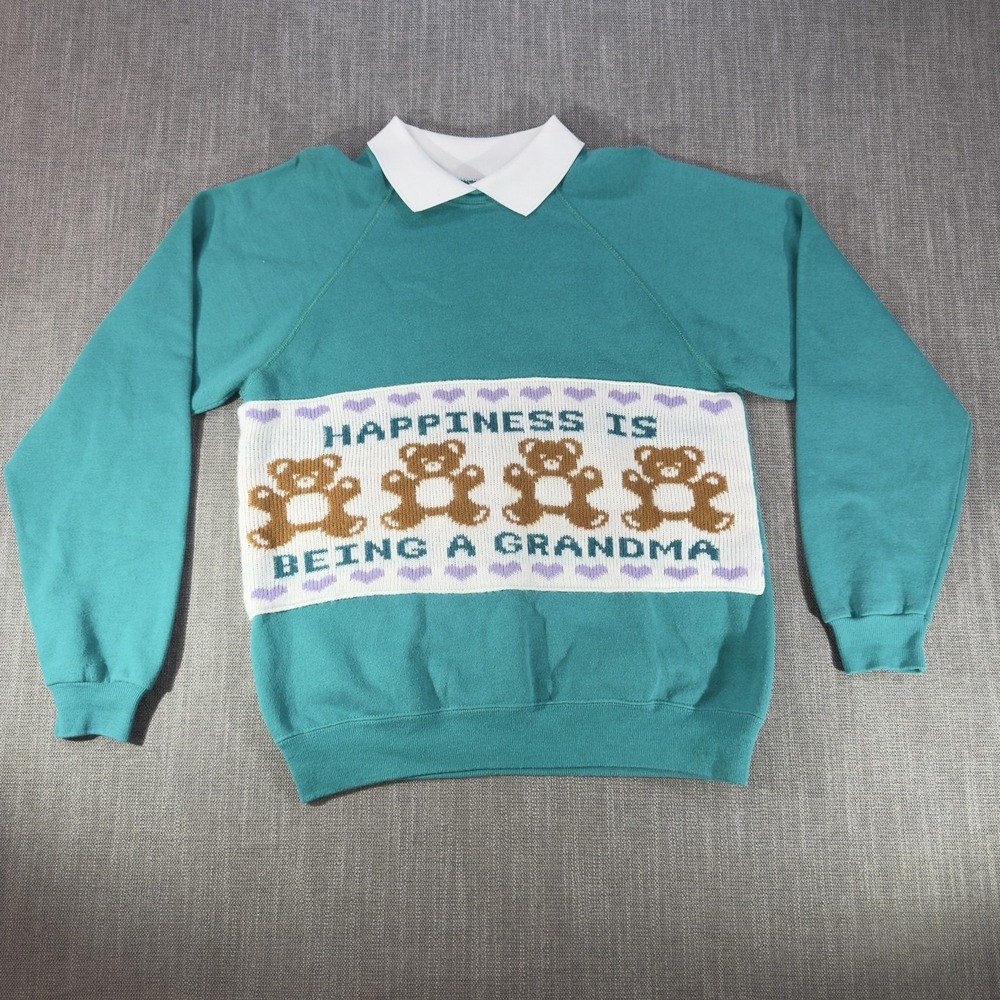 Vintage Hanes Sweatshirt Womens Large Green Grannycore Grandma Bear Graphic 90s